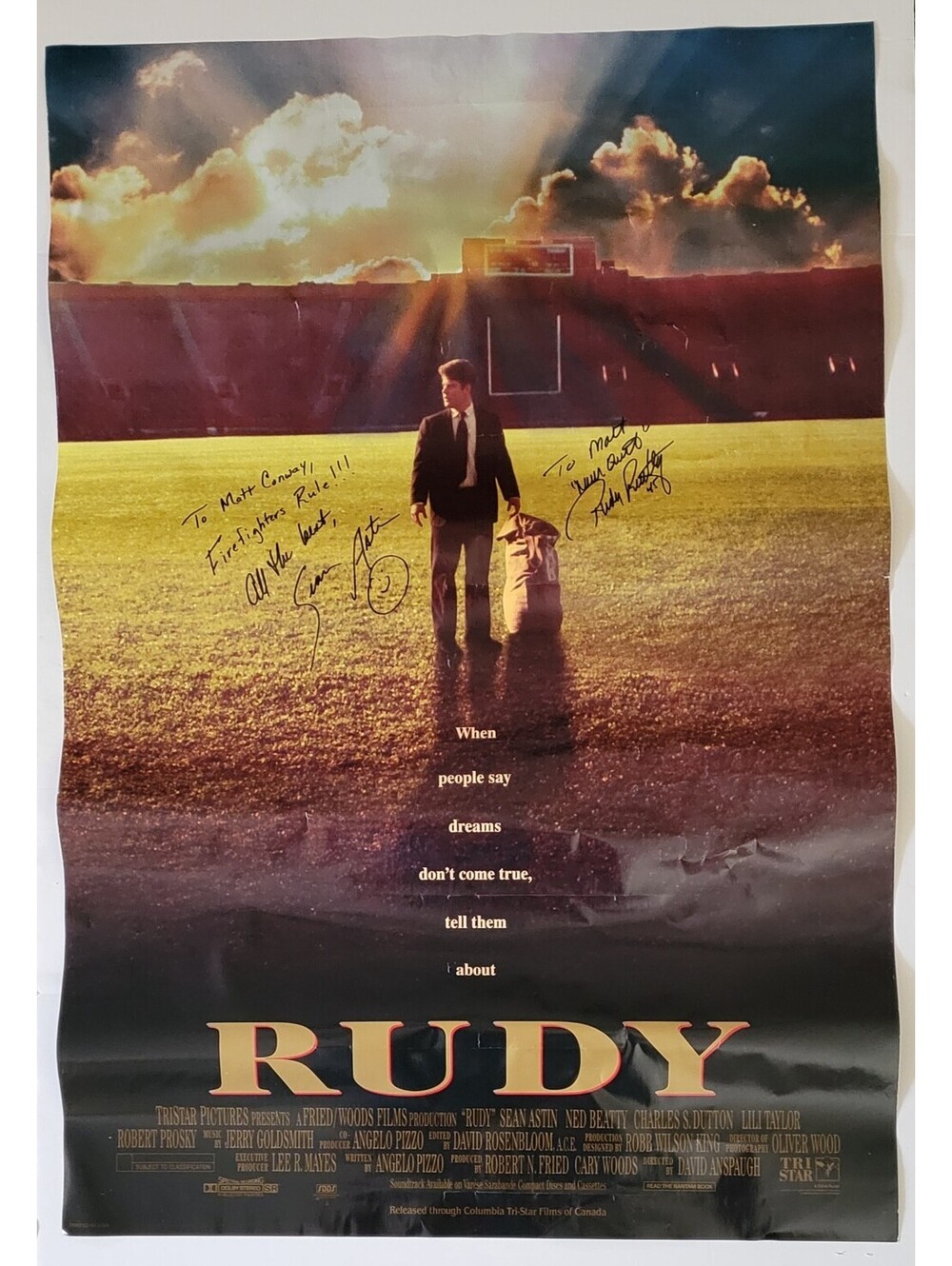 Rudy Ruettiger #45 Sean Astin Autographed Signed Rudy 26.5"x39.5" Movie Poster